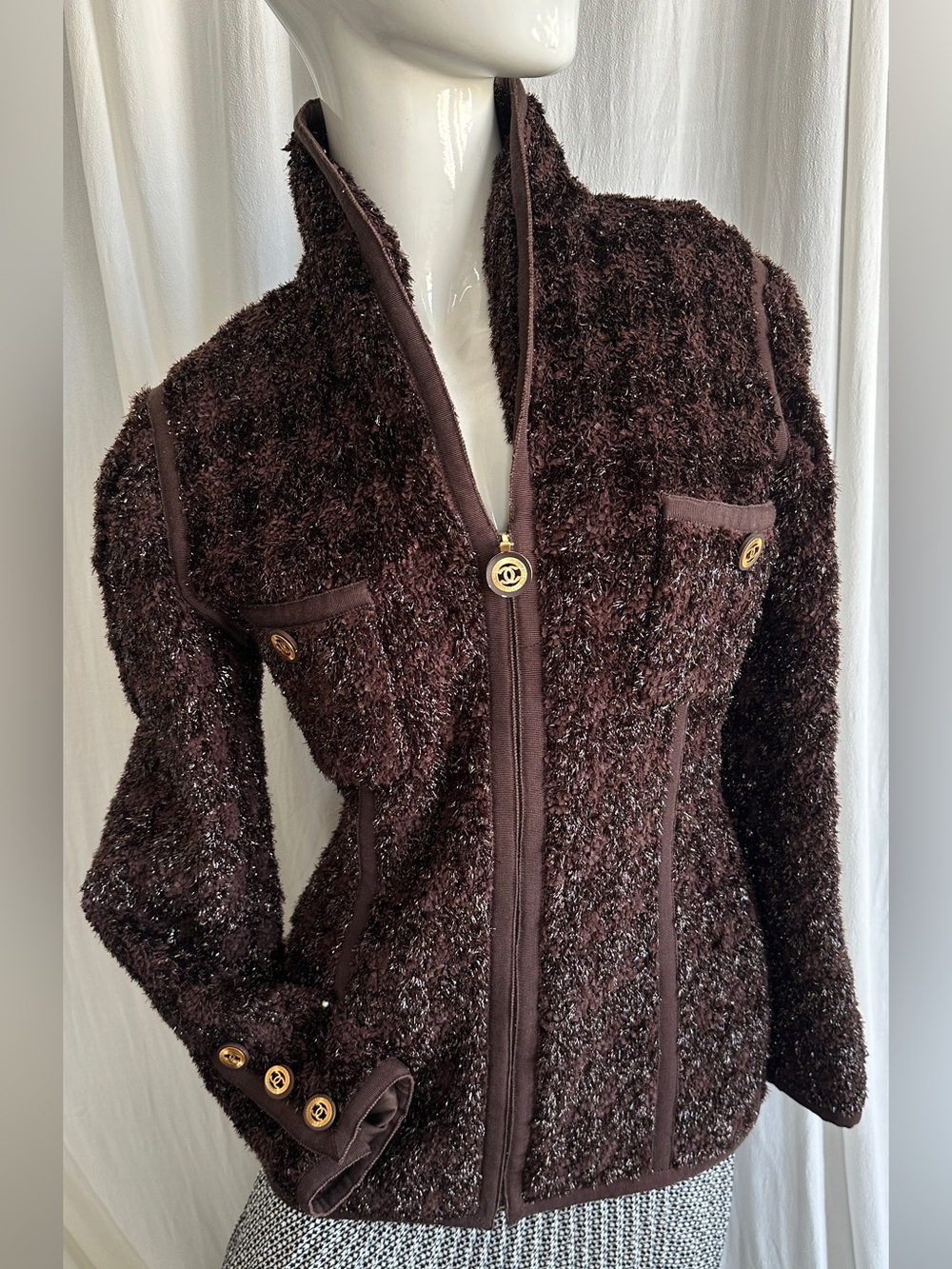 Jacket Zipper Front Chocolate Brown 90s collection Stretches Lined Shawl collar